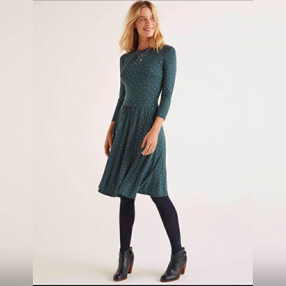 Boden Green Polka Dot Preppy Academia Whimsical Countryside JJersey Dress 10